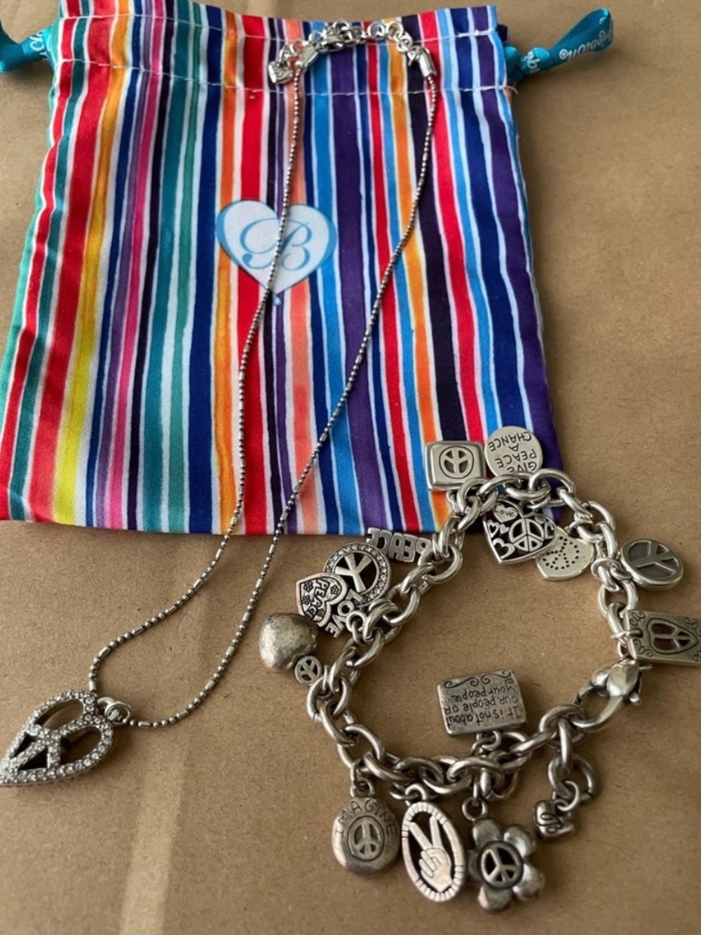 ☮️ BRIGHTON VINTAGE Silver Peace & Love 💕 Charm Necklace & Bracelet Set!
